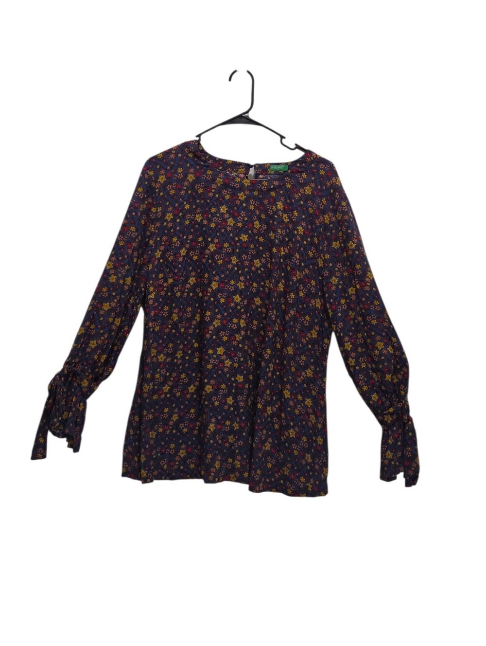 United Colors of Benetton Floral Blouse Tie Cuff Long Sleeve Boho Cottagecore L